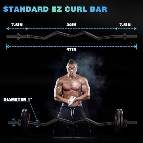 47" EZ Curl Bar Weight Lifting Bar, Standard Barbell Bar for Hip Thrusts/Squats/Lunges for Gym and Home, 1-inch Curling Bars for Weightlifting with 2 Star Collars (300lb Weight Capacity)