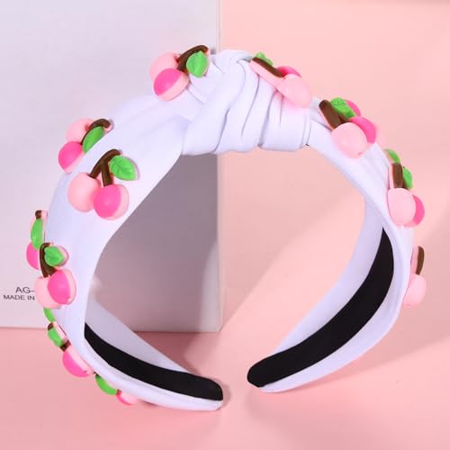 VOGUEKNOCK Fruit Headbands for Women Girls Tropical Cherry Knotted Headband Summer Beach Headwear Hair Accessories (Cherry-White)