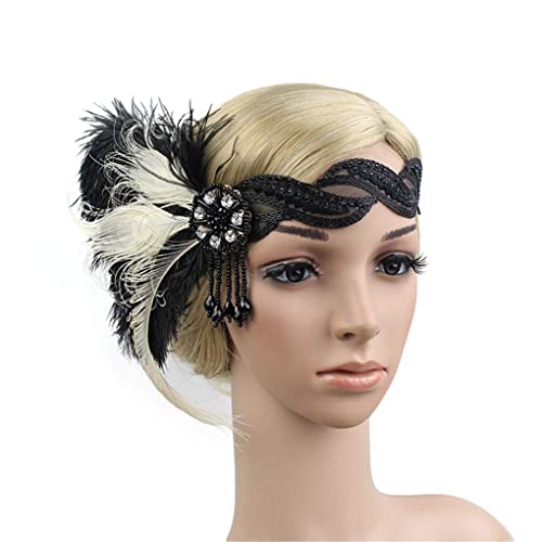 Roaring Art Deco 1920s Headpieces for Women Flapper Headband 20s Gatsby Costume Peacock Hair Accessories 07Multi Black