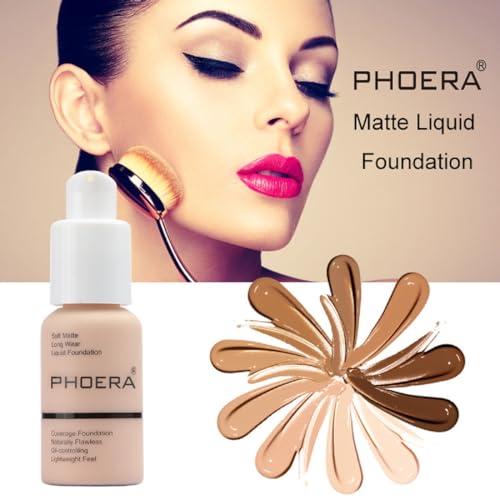 PHOERA Foundation, Flawless Soft Matte Liquid Foundation 24 HR Oil Control Concealer Foundation Makeup. (1 Pcs-105- Sand)