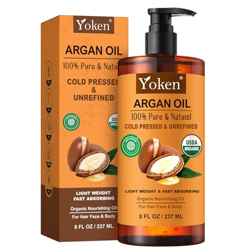 Yoken Organic Argan Oil for Hair 4 Fl Oz, USDA Pure and Natural Morocco Argan Oil, Argon Oil For Hair, Scalp, Face & Skin Care, 100% Cold Pressed Hair Conditioner, Unrefined Argon Nails Carrier Oil