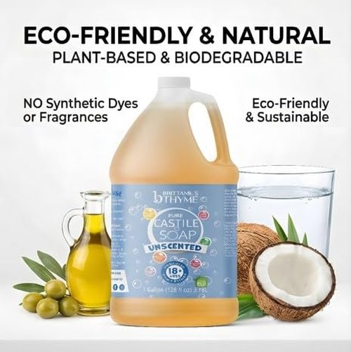 Brittanie's Pure Organic Castile Liquid Olive Oil Soap - Unscented Refill, 1 Gallon | Vegan, Biodegradable, Multi-Purpose Cleaner