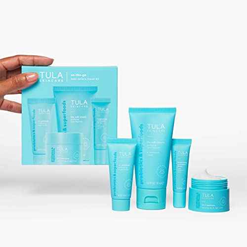 Tula Skin Care On the Go Best Sellers Travel Kit | Facial Cleanser, Day & Night Moisturizer, Sugar Scrub & Face Filter Primer for Glowing, Radiant Skin, 1.0 Count