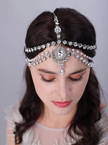 JWICOS Boho Rhinestone Head Chain Pearl Headchain Bride Headpiece Headband Wedding Hair Accessories for Women and Girls (Silver)