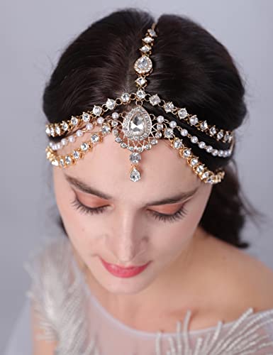 Missgrace Wedding Bridal Bohemian Vintage Rhinestones Pearls Head Chain Hair Jewelry Head Piece Headband Halloween Hair Accessories for Women and Girls (Gold)