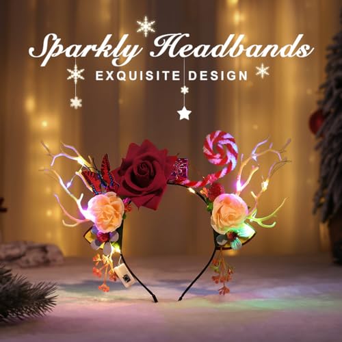 Nicute Light Up Christmas Headbands Xmas Reindeer Hair Hoop Glow Flower Holiday Party Hair Band for Women and Girls (Colorful-1)