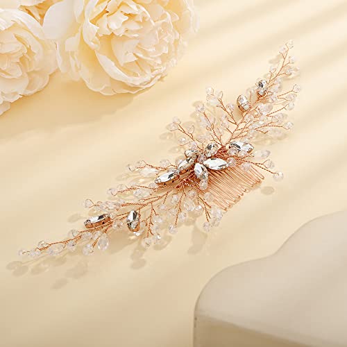 Teyglen Women Rhinestones Flower Bride Wedding Hair Comb Headband Handmade Hair Pieces Hair Accessories Shiny Crystals Bridal Side Hair Combs for Women Bride Girls (Rose Gold)