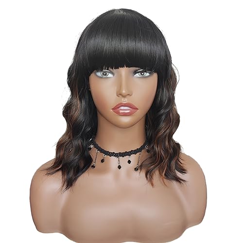 PLEASBELIE Curly Bob Wavy Natural Black Color Wig With Bangs Synthetic Black Hair Wig for Women's Natural Looking and Heat Resistant Full Head Hair Replacement Wig