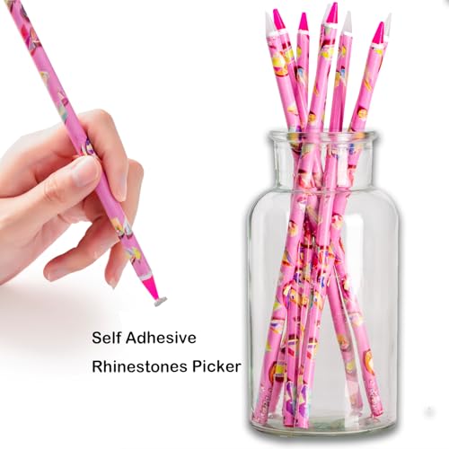 17Pcs Rhinestone Picker Tool Kit, Self-Adhesive Wax Pencil for Rhinestones and Diamond Painting, Jewel Picker Tool Dotting Tools for Nail Art, Little Nail Gem Tool with 8 Rhinestone Tray Nail Tweezers