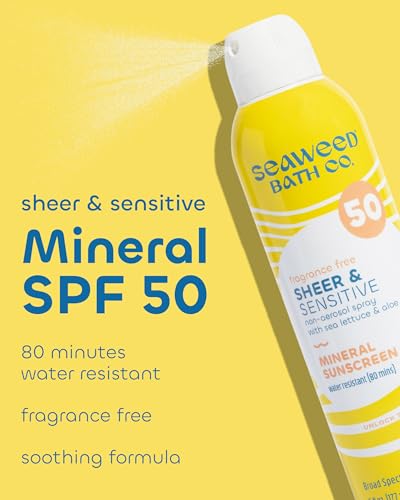 Seaweed Bath Co. Sheer Mineral Sensitive SPF 50 Broad Spectrum Sunscreen Spray, Fragrance Free, Sustainably Harvested Seaweed, Sea Lettuce, Aloe