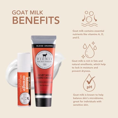 Dionis Goat Milk Skincare Blood Orange Scented Lip Balm and Hand Cream Set (.28oz and 1 oz) - Made in the USA - Cruelty-free and Paraben-free