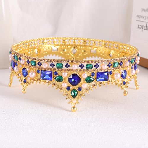 King Crystal Wedding Tiara Vintage Rhinestone Crown Hair Bands For Men Birthday Prom Pageant Hair Accessories (Gold With Blue Stone)