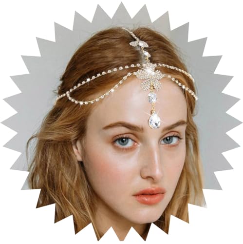 Aularso Layered Head Jewelry Forehead Wedding Hair Chain Rhinestone Headpiece Bridal Halloween Headband for Women and Girls (Silver)