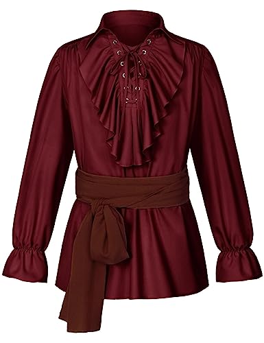 Irtysh Men's Renaissance Victorian Medieval Pirate Shirt Lace Up Colonial Steampunk Costume Tops Waist Belt Set(Red S)