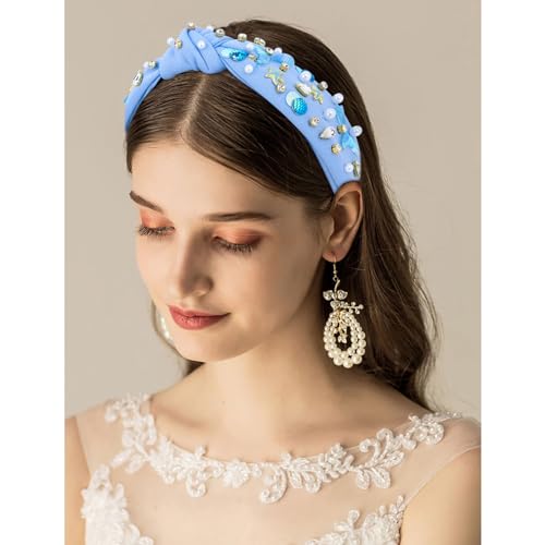 BAHABY Mermaid Blue Headband, Knotted Headband for Women, Mermaid Tail Rhinestones Pearl Starfish Decor, Mermaid Birthday Decorations, Gifts for Teen Girls