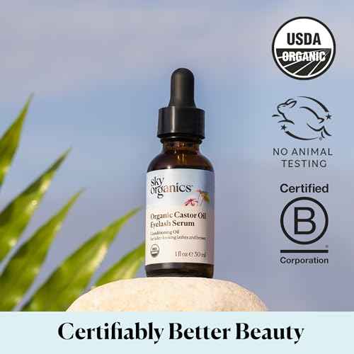 Sky Organics Organic Castor Oil Eyelash & Brow Serum, Hexane-Free Conditioning Oil that Promotes Fuller Looking Lashes & Eye Brows, 100% Pure & Cold-Pressed 1 fl. Oz. / 30 ml w ebook