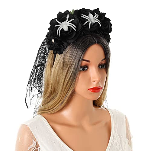 Acenail Floral Headband Veil Women Flower Crown Head Piece Rose Flower Garland Spider Mexican Headband Day of the Dead Head Band Cosplay Halloween Headpieces (Black)