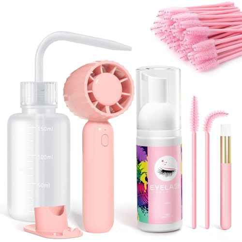 Buqikma Lash Cleaning Kit - Lash Shampoo Kit Eyelash Extension Cleanser for Extensions 60ML with Rechargeable Handheld Lash Fan Dryer Mascara Brush Rinse Bottle Makeup Cleansing Foam for Lash Care