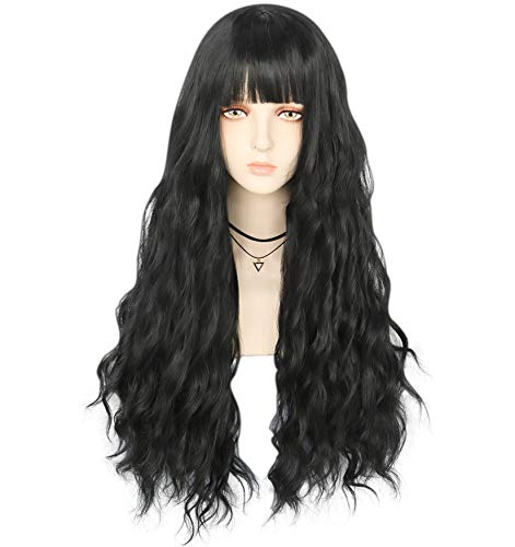 IMEYLE Wig Black Cosplay Wig Long Black Wig With Bangs for Women Wavy Wig Heat Resistant Synthetic Wig for Halloween Costume Party + Wig Cap