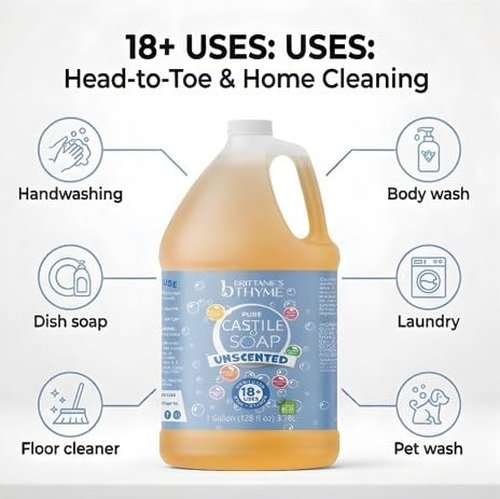 Brittanie's Pure Organic Castile Liquid Olive Oil Soap - Unscented Refill, 1 Gallon | Vegan, Biodegradable, Multi-Purpose Cleaner
