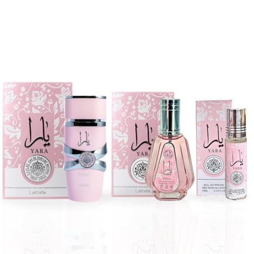 Lattafa Yara 3-piece Fragrance Bundle for Women (3.4 Oz Eau de Parfum Spray + 1.7 Oz Eau de Parfum Spray + 0.34 Oz Roll-On Perfume Oil)