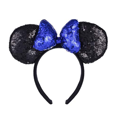 A Miaow 3D Black Mouse Sequin Ears Headband MM Glitter Butterfly Hair Clasp Park Supply Adults Women Photo Accessory (Black and Blue)