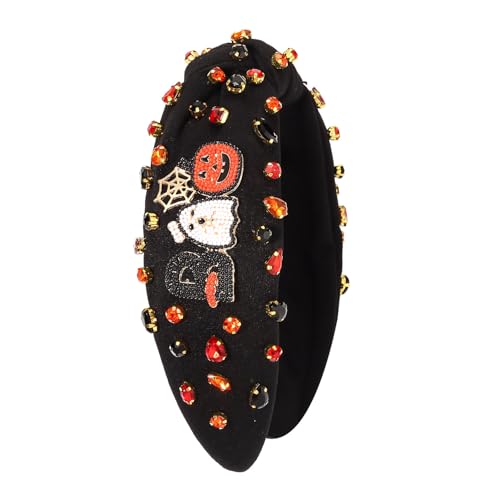 YAHPERN Halloween Headband for Women Spooky Pumpkin Ghost Headband Jeweled Rhinestone Knotted Headband Halloween Accessories