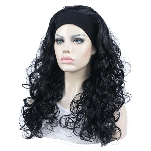 Aimole Long 22" Curly 3/4 Women Wigs With Headband Soft Layered Wig Heat Resisting Fiber Synthetic Hair (1 Black)