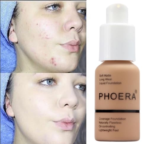 PHOERA Foundation, Flawless Soft Matte Liquid Foundation 24 HR Oil Control Concealer Foundation Makeup. (1 Pcs-105- Sand)