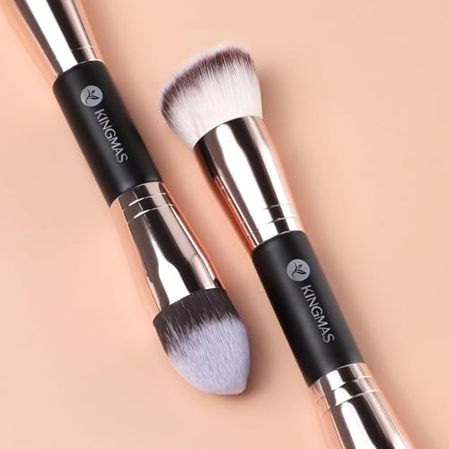 KINGMAS Foundation Makeup Brushes, 2Pcs Premium Double-Ended Makeup Brush (Flat/Angled/Angled Round/Tapered Top) for Buffing Liquid, Cream, Powder, Blending Face Brush