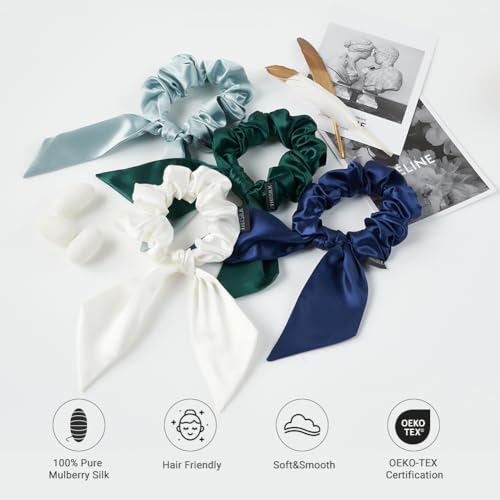 THXSILK Hair Silk Scrunchies with Bow for Women Pure Mulberry Silk Hair Cute Ring Ties Scrunchies for Girls Women's Thick Hair Black, 3.5"