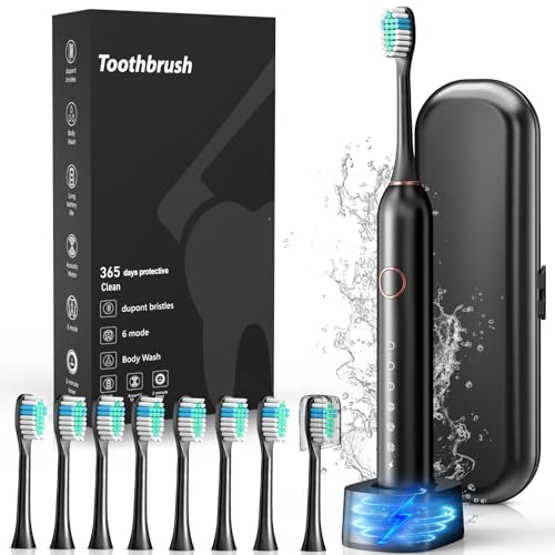 Electric Toothbrush, Sonic Type for Adults & Teens, 8 Brush Heads, Travel Case, 6 Modes, 40000 VPM Electric Motor, IPX7 Waterproof, 2 Minutes Timer, Wireless Charging, One Charge for 100 Days£¨Black£©