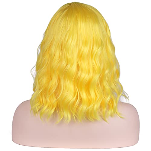 MAGQOO Yellow Wig Side Part Short Curly Wavy Bob Wig Yellow Hair Wigs Synthetic Halloween Cosplay Costume Party Wigs (Yellow, Women Girls)