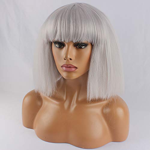 WeKen Women's Fashion Wig Short Bob Kinky Straight Full Bangs Synthetic Gray