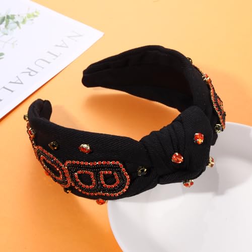 boderier Halloween Headbands for Women Beaded BOO Knotted Headband Jeweled Crystal Embellished Wide Headband Halloween Party Cosplay Hair Accessories (BOO)