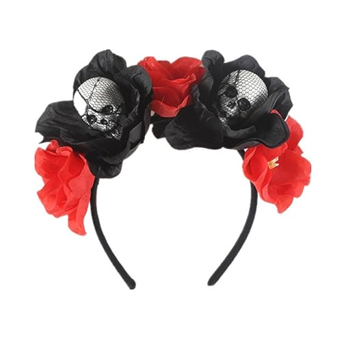 Day of The Dead Headband Halloween Adjustable Flower Garland Headband Flower Crown Hair Wreath Party Decoration Adjustable Bridal Flower Garland Headband Flower Crown Hair Wreath(red and black)