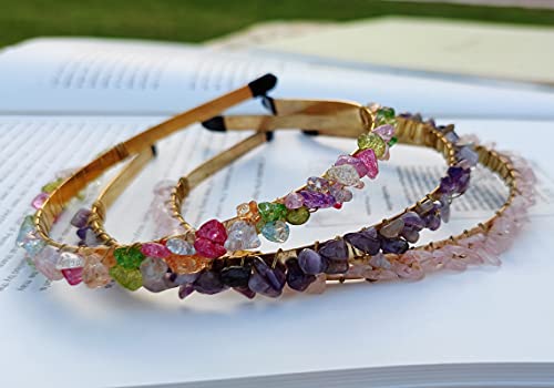 FZBHRO Rose Quartz and Amethyst Hair Accessories: Raw Crystal Tiara with Colorful Spiritual Beads for Girls (3pcs)