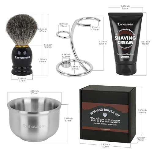Shaving Brushes Kit For Men, 4 In 1 Shaving Brush Set Includes Nylon Bristle Shaving Brush, Sandalwood Shaving Cream, Stainless Steel Shaving Bowl and Stand