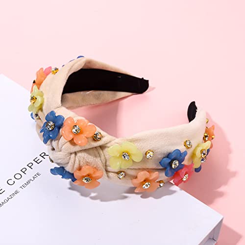 Crystal Flower Knotted Headbands for Women Sparkle Rhinestone Floral Jeweled Embellished Top Knot Hairband Statement Fashion Wide Turban Hair Hoop Hair Accessories for Girls Ladies