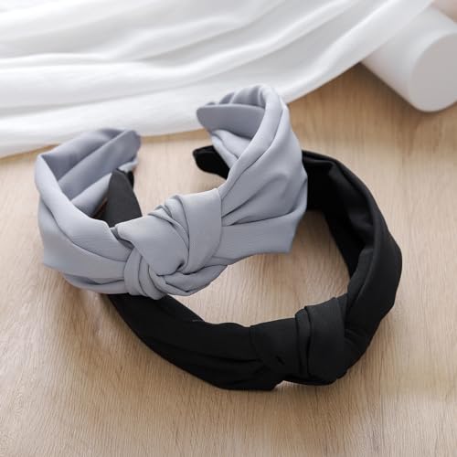 Yovic Black Knotted Headband for Women Top Knot Hairbands Grey Wide Headbands Turban No Slip Hair Accessories 2PCS (Black Gray)