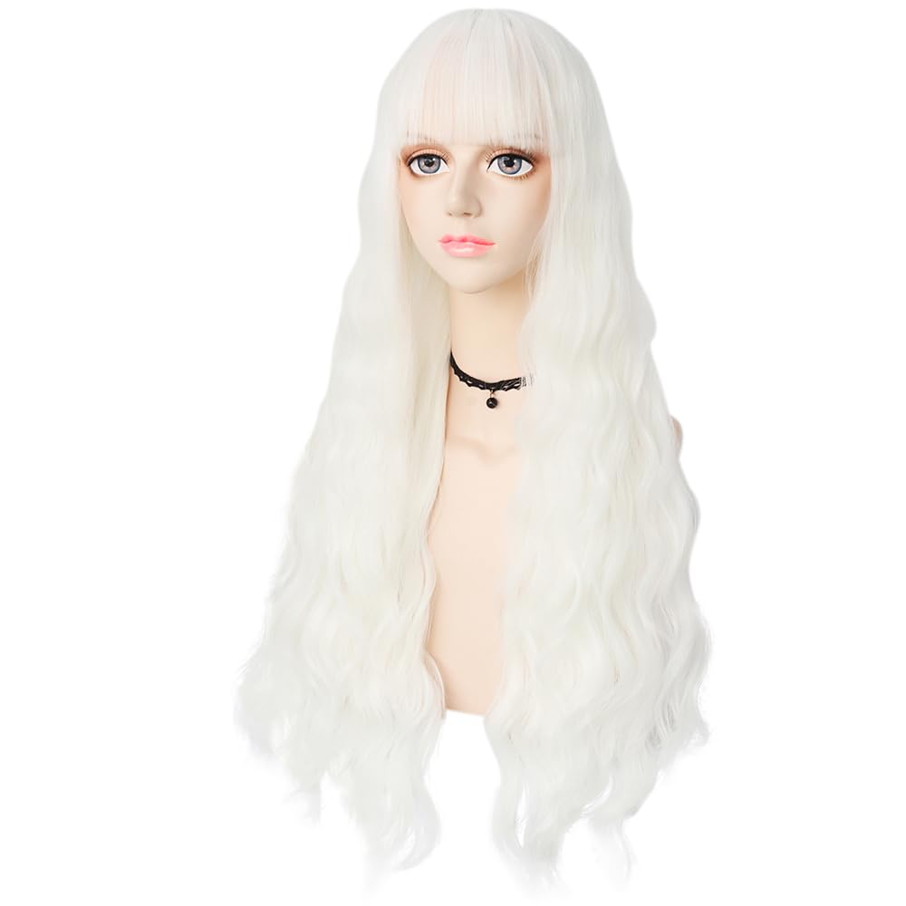 IMEYLE Wig White Wig with Bangs for Women Long Natural Curly Wig Heat Resistant Synthetic Wig Cosplay Wig for Halloween Costume Party + Wig Cap