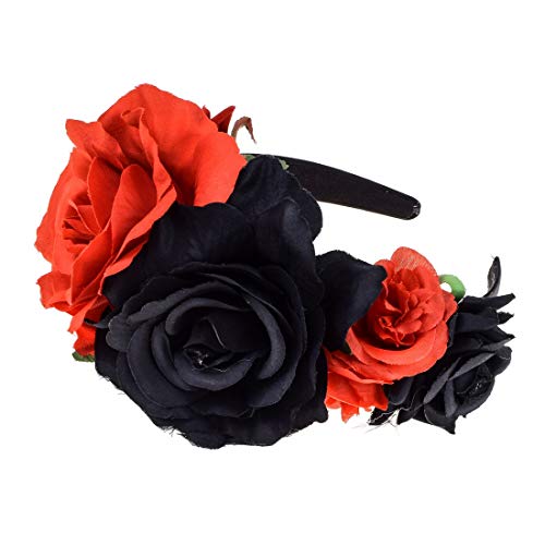 Vividsun Rose Flower Headband Floral Crown Day Of The Dead Headpiece (A-red/black)