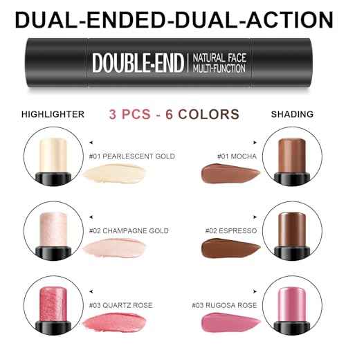 6 Colors Cream Contour Stick Makeup Kit, Shades with Highlighter, Blush and Double-End Bronzer Contour Stick for Sculpt the Cheeks, Long Lasting, Waterproof, Matte & Dewy Finish(SET A)