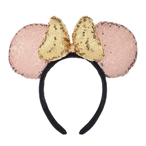 A Miaow 3D Black Mouse Sequin Ears Headband MM Glitter Butterfly Hair Clasp Park Supply Adults Women Photo Accessory (Champagne and Golden)