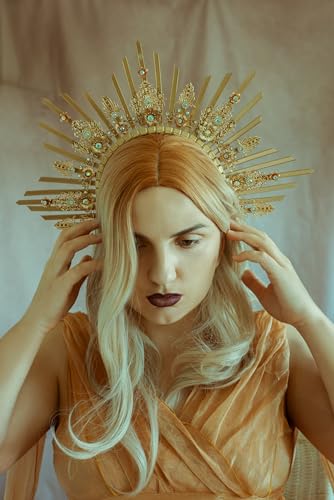 COSUCOS Gold Halo Sunburst Spike Crown - Zip Tie Greek Costume Goddess Headpiece Medusa Queen Adult Headdress Flower Piece Crown Headband Accessories