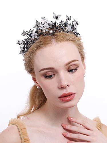 Brihasory Butterfly Queen Birthday Crowns Gold Tiaras for Bride, Crystal Royal Princess Wedding Rhinestone Headband, Costmue Party Christmas Halloween Black Prom Headpiece for Women and Girls (Black)