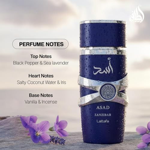 Lattafa Asad Zanzibar - Fresh, Spicy, Vanilla, Coconut - Eau de Parfum Long-Lasting Fragrance for Men, 3.40 Ounce / 100 ml