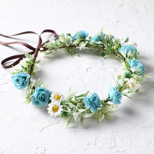 KorViSHOW Floral Crown Flower Headband - Blue Elegant Floral Headpiece Artificial Floral Crown Bridal Headpiece Photo Props for Women Girls Birthday Party Festivals