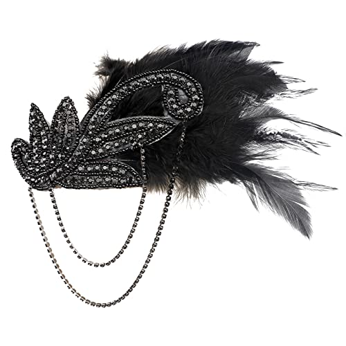 1920s Vintage Flapper Headbands Crystal Headpiece Ostrich Feather Hair Band for Women Girls Prom Party Festival Gatsby Hair Jewelry (A-Black)