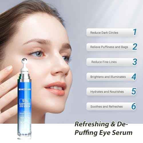 Eye Cream with 5% Caffeine Hyaluronic Acid, Eye Serum with 360¡Æ Roller Massage Ball for Puffy, Fine Lines, Dark Circles and Wrinkles, Under eye Treatment Serum for Women & Men